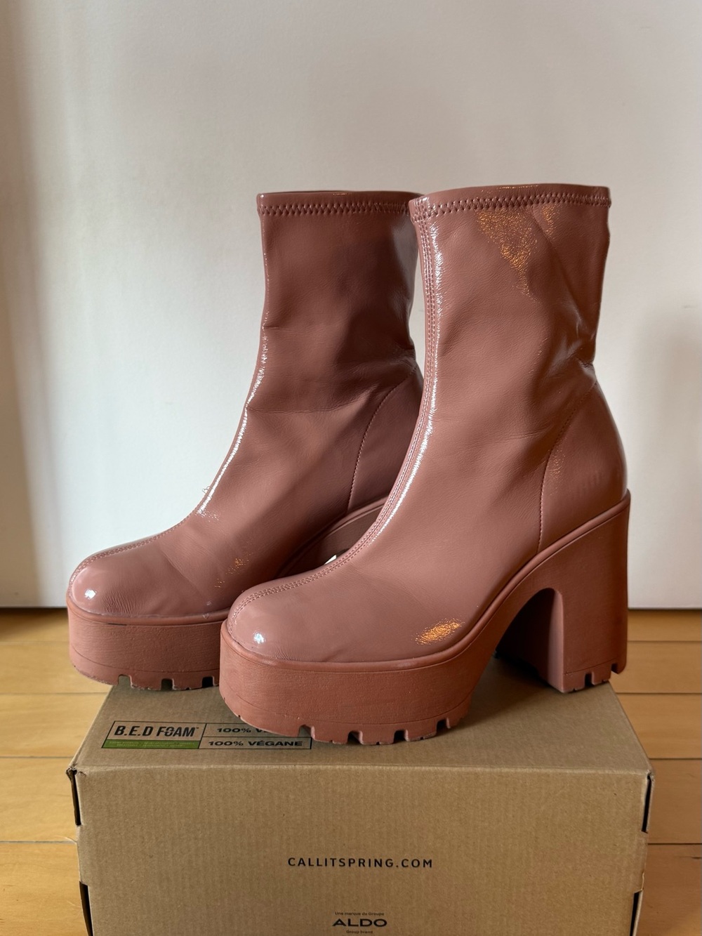 Call It Spring Nathali Pink Patent Platform Sock Ankle Boots — Size 7.5